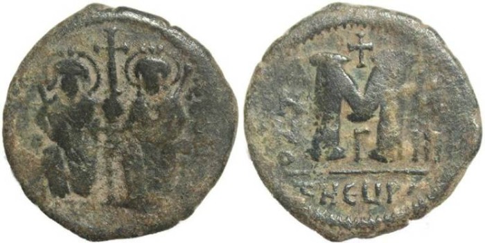 Ancient Coins - Byzantine Empire - Justin II & Sophia AE follis - Antioch - Year 8