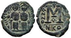 Ancient Coins - Ancient Byzantine coin of Justin II & Sophia AE follis - Minted in Nicomedia