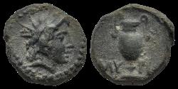 Ancient Coins - Ancient Greek bronze coin minted in Myrina, Aeolis - Helios and Amphora