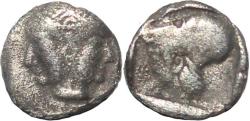 Ancient Coins - Mysia, Lampsakos - Circa 500-450 BC AR Diobol - Female janiform 