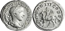 Ancient Coins - EF Ancient Roman silver coin of the Emperor Gordian III on Horseback