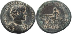 Ancient Coins - Hadrian dupondius - PONT MAX TR POT COS II, S-C / FORT RED - RIC 557