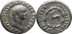 Ancient Coins - Ancient Roman silver coin of the Emperor Domitian with a Goat in laurel wreath