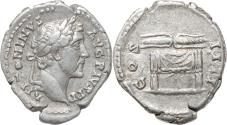 Ancient Coins - Ancient Roman silver denarius of Antoninus Pius - Thunderbolt on draped throne
