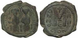 Ancient Coins - Byzantine coin of Justin II and Sophia AE Follis - Constantinople - Year 4