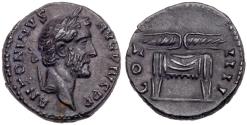 Ancient Coins - EF Roman silver denarius of Antoninus Pius - Thunderbolt on draped throne