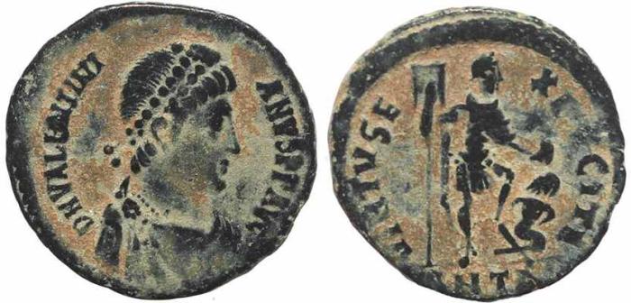 Ancient Coins - Roman coin of Valentinian II Ae2 - VIRTVS EXERCITI - Antioch 