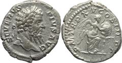 Ancient Coins - Ancient Roman silver coin of the Emperor Septimius Severus with Victory struck in 207AD