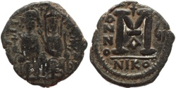 Ancient Coins - Byzantine coin of Justin II & Sophia 565-578 AD AE Follis - Nicomedia mint - Nice example