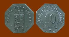 World Coins - GERMANY, Stadt Flensburg. Zinc Notgeld, 1917 10 Pfennig, Pristine BU.