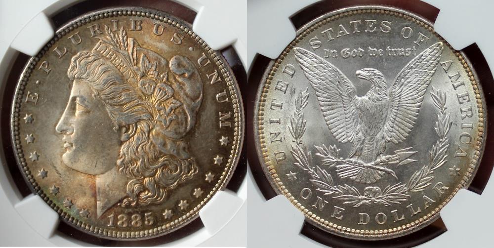 1885 Morgan Dollar, Beautiful Golden Toning on Obverse, NGC MS64