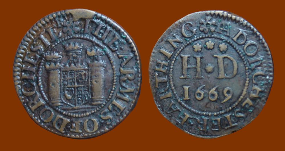 DORCHESTER CU Farthing Token, 1669, Town Arms, Castle, H*D | European Coins