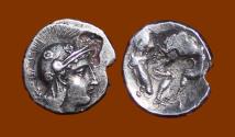 Ancient Coins - Tarentum, AR Diobol. Athena, Heracles Strangling Nemean Lion.