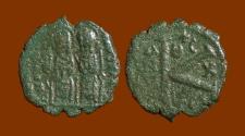 Ancient Coins - Justin II with Sophia, AE Nummi, Bust of King and Queen, K, Thessalonica Mint.
