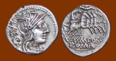 Ancient Coins - Denarius of Porcius Laeca. Head of Roma, Libertas in Prancing Quadriga. Great Detail, Cabinet Tone.