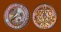 World Coins - Bolivia, 50 Centavos, 1942, Monster Rainbow Toned BU - Gorgeous!