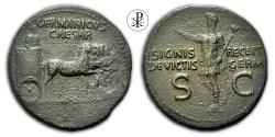 Ancient Coins - ★ RR! Varus Eagles ★ CALIGULA, GERMANICUS, RIC 57, Date 37-41 AD, AE Bronze Dupondius Rome, Quadriga, Recovery the legionary eagles of Varus