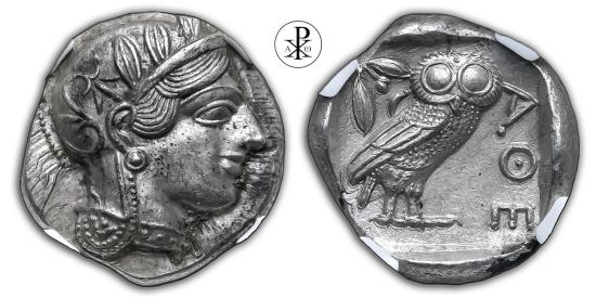 NGC AU! Attica Owl, HGC 1597, Date 440-404 BC, Silver Tetradrachm