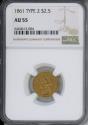 Us Coins - 1861 $2.5 Gold NGC AU55 Type 2 Reverse