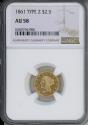 Us Coins - 1861 $2.5 Gold Type 2 NGC AU58