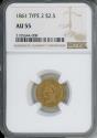 Us Coins - 1861 $2.5 Gold NGC AU55 Type 2 Reverse