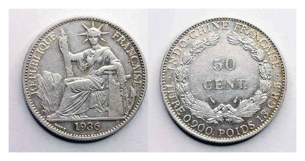 FRENCH INDOCHINA superb 50 cent silver 1936 | Asian and Middle