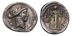 Ancient Coins - Moneyer issues of Imperatorial Rome. P. Clodius M.f. Turrinus. 42 BC. AR silver Denarius - Nice EF