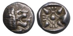 Ancient Coins - IONIA, Miletos. Late 6th-early 5th century BC. AR Diobol w Lion EF.