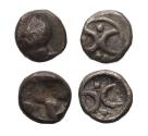 Ancient Coins - Greek coins: scarce Tarentum silver AR hemiobol and Ionian archaic fraction (2), 5th.-4th. cent. BC