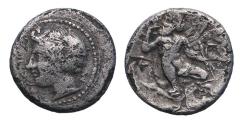 Ancient Coins - Greek coins: Rare SICILY, Naxos. Circa 415-403 BC. AR Hemidrachm w Silenos drinking wine!
