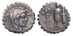 Ancient Coins - Roman Republic: A. Postumius A.f. Sp.n. Albinus. 81 BC. AR silver Serrate Denarius