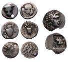 Ancient Coins - Lot of 4 greek silver coins, Rhodes silver drachm and tetrobols