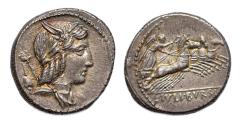 Ancient Coins - Roman Republican: Lovely Roman Republican denarius L. Julius Bursio 85 B.C. toned EF