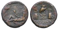 Ancient Coins - Greek Sicily, Katane: Extremely rare bronze AE 21 (7.56 grams) w River-god Amenanos / Owl and caps of the Dioskouroi