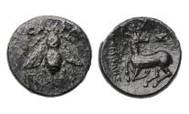 Ancient Coins - Greek coins: Lovely late Bi / Stagg Æ bronze from Ephesos, 4th. cent. BC - EF!