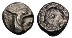 Ancient Coins - CARIA, Halikarnassos / Kindya) Circa 500-495 BC. AR Hekte sea-monster w human eye