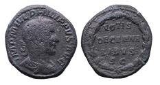 Ancient Coins - Philip I. AD 244-249. Æ Sestertius Rome mint, 3rd officina. Special emission, AD 247 - R!