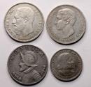 World Coins - 4 crown size silver coins, Belgium 5 francs 1868, Spain 5 Pesetas 1875, Panama and Columbia