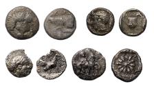 Ancient Coins - Greek coins: Nice lot of 4 rarer Ionian silver AR fractions, Methymna, Erythrai and Samos!