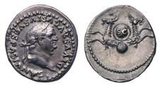 Ancient Coins - Roman Imperial: Titus for Divus Vespasian. Died AD 79. AR Denarius, foreparts of two capricorns - EF