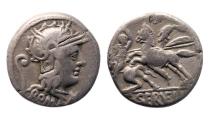 Ancient Coins - Roman Republican silver denarius of Servilius Vatia. 127 BC, nice for type.