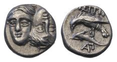 Ancient Coins - Greek coins: Artful silver 1/4 drachm of Istros, Moesia, 4th century BC. Choice EF!
