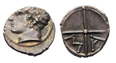 Ancient Coins - Superb Greek Massalia (Marseilles) silver Obol with Irridescent patina!