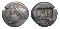 Ancient Coins - Grek coins: IONIA, Phokaia. Circa 521-478 BC. AR Hemihekte – archaic Diobol in near EF!
