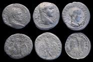 Ancient Coins - Roman provincial: Lot of 3 AR Syro-phoenician tetradrachms from Gordian III and Caracalla, F-VF