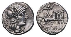 Ancient Coins - Roman Republic: Very attractive M. Aburius M.f. Geminus. 132 BC. AR silver Denarius