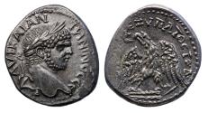 Ancient Coins - JUDAEA. Caesaraea Maritima. Caracalla, 198-217. AR Tetradrachm from the Holylands in Near MS with luster!