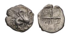 Ancient Coins - Greek coins: Very rare Ionia Teos silver hemiobol w decorated incuse