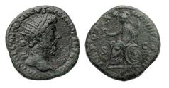 Ancient Coins - Roman Imperial: Fine Marcus Aurelius Dupondius w enamel patina, Roma seated