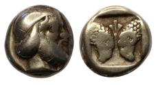 Ancient Coins - Greek coins: LESBOS, Mytilene. Circa 454-428/7 BC. EL Hekte – Sixth Stater with Satyr